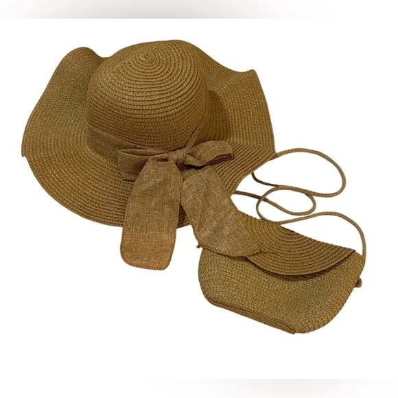 Elegant Tan Sun Hat with Bow Detail and Matching Bag - Picture 3 of 6